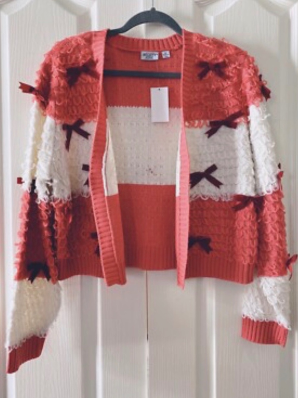 Mighty Fine Striped Holiday Bow Cardigan Sweater- Size M